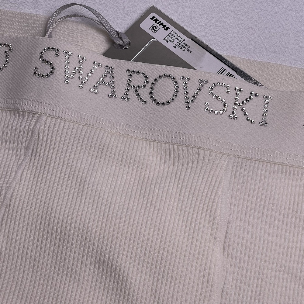 Skims x Swarovski 4X Marble White Cotton Rib High Waist Briefs Bling NEW NWT
